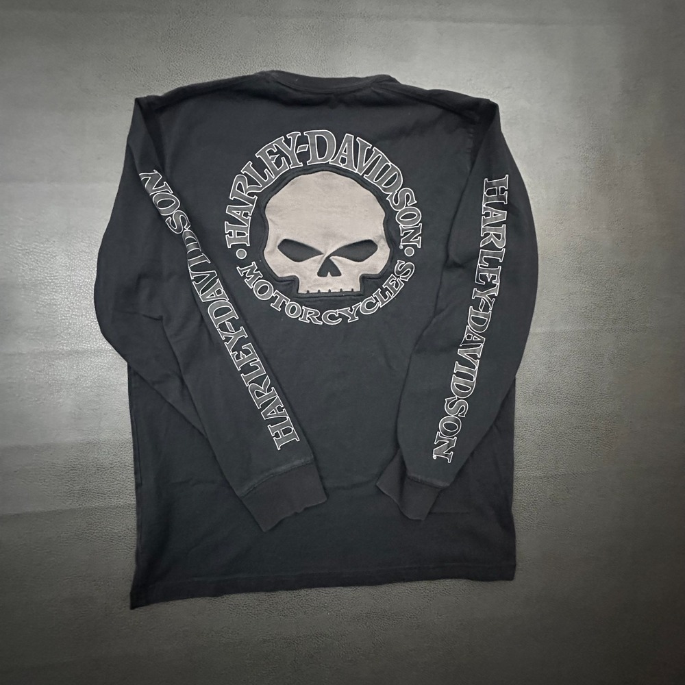Harley Davidson T Shirt Mens Large Black Velvet Skull Spellout Sleeve Hits Biker
